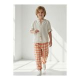 Catz Kids Turuncu Krem Ekose Keten Carrot Pantolon + Krem Keten İpli Gömlek