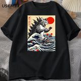 Catzilla Kedi Japon Komik Tişört Erkekler Kadınlar Için Vintage Karikatür Baskı Rahat Rahat Y 2853 - Siyah - XL
