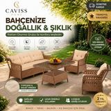 Caviss Home Cavıss Home Monaco Lüks Rattan Bahçe Oturma Grubu 5 Kişilik (3+1+1 ) + 2 Adet Puflu – Bahçe, Teras ve Balkon Mobilya Takımı | Renk Seçenek Minderli, Bahçe Takımı, Balkon Takımı - Kahverengi - Bej