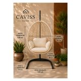 cavisshome CAVISS Home Elite Bej Rengi Örgü Armut Salıncak -Fındık Salıncak– Krem Minderli | Bahçe, Balkon ve Teras İçin Premium Salıncak Koltuk Özel Seri