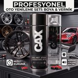 caxcolors CAX Colors Profesyonel Oto Yenileme Seti - Metalik siyah Sprey Boya (400 ml) + Oto Vernik Spreyi (400 ml) - Hızlı Kuruyan Jant ve Kaporta Boyası
