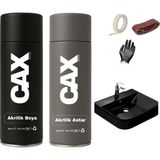 CAXCOLORS Suya Dayanıklı Parlak Beyaz Lavabo-Fayans-Evye Sprey Boyası 400 ml + Kılcal Çizik Dolgu Astarı - MAT SİYAH