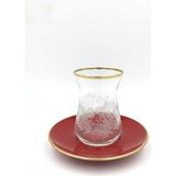 Çay Bardağı Seti 6 Adet Ince Belli Çay Bardağı ve Tabakları Paşabahçe Camından - Beyaz- Kırmızı