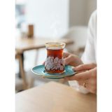 Çay Bardağı Seti 6 Adet Ince Belli Çay Bardağı ve Tabakları Paşabahçe Camından - Mavi