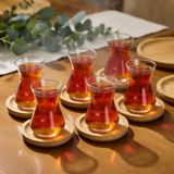 Çay Bardağı ve Bambu Ahşap Altlık Seti, 6 Bardak ve 6 Altlık, Şeffaf Cam, Doğal Bambu