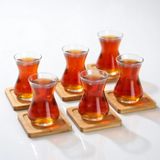Çay Bardağı ve Bambu Altlık Seti, Şeffaf Cam, Doğal Bambu, 6 Bardak ve 6 Altlık