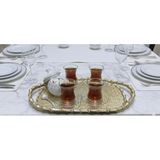 Çay Sunum Tepsisi Hasır Görünümlü Şık Polyester Tepsi Altın rengi