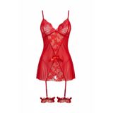 C&City Dantel Detaylı Babydoll Kırmızı, 4 Parçalı Set, S Beden