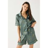 C&City Luna Touch Gömlek Şort 2'li Saten Pijama Takımı, Haki, S Beden