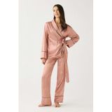 C&City Luna Touch Kimono Pantolon 2'li Saten Pijama Takımı, Vizon, L Beden