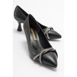 Ccway Çapraz Taşlı Kadın Stiletto Ayakkabı SİYAH CİLT GÜMÜŞ - Gümüş - Siyah