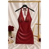 cdh çeyize dair herşey Wine Red Deri Görünümlü Dantel Detaylı Mini Elbise