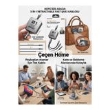 ÇEÇEN HOME 3 Metre 100W 3in1 Geri Çekilebilir Hızlı Şarj Kablosu 3m Uzun Çoklu Şarj Kablosu Type-C Lightning Micro USB Makaralı Taşınabilir Yer Tasarruflu Şarj Cihazı Kablosu iPhone Android Macbook Uyumlu