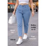 Cedy Denim Cedy Kadın Büyük Beden Pileli Mom Jean Pantolon C600 Yüksek Bel Likralı Günlük Stil - Kar Yıkama - 46