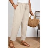 CEDY DENIM Kadın Yazlık Bej Sentetik Keten Görünümlü Yüksel Bel Dar Paça Bağcıklı Büyük Beden Mom Pantolon