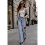 CEDY DENIM Kadın Yüksek Bel Straight Fit Kiraz Baskılı Buz Mavi Jean Pantolon E7007