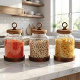 Cekar Store Amberhaus 3'lü Ring Serisi Akasya Kapaklı ve Tabanlı Borosilikat Cam Kavanoz Seti - 1100 ml Vakumlu Bakliyat ve Kurabiye Saklama Kabı (20X11.5 Cm)