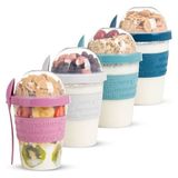 Cekar Store Renkli Take And Go Kaşıklı Hazneli Meyveli Yoğurt Kabı Piknik Iş Atıştırmalık Diyet Müsli Granola Süt Bardağı (4'lü Set 2)