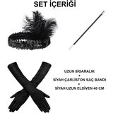 Ceki Home Gatsby Aksesuar Seti – Siyah Charleston Saç Bandı, Uzun Eldiven & Sigaralık - 0-Siyah