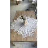 Ceki Home Masa Üzerine Runner, Sehpa Örtüsü Fransız Dantel Detaylı Kare 88x 88 cm Kayla Kreme Gümüş