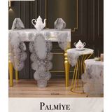 Ceki Home Palmiye Model Gri 5 Parça Keten Masa Örtüsü Runner Seti Salon Takımı