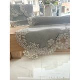 Ceki Home Salon Takımı 5 Parça Keten Dantelli Masa Örtüsü Runner Seti Çeyizlik Firuze Model Gri
