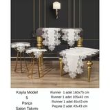 Ceki Home Salon Takımı 5 Parça Keten Masa Örtüsü Runner Seti Çeyizlik Kayla Model No 22252 Krem-Gold - 0,5 x 9 cm - 001-Renkli