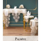 Ceki Home Salon Takımı 5 Parça Keten Masa Örtüsü Runner Seti Çeyizlik Palmiye Model No 21042 Krem-Krem - 0,5 x 9 cm - 001-Renkli