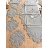 Ceki Home Salon Takımı Çeyizlik Gri Runner Set 5 Parça Keten Masa Örtüsü Runneri Flowers