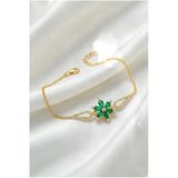 Çekirdek Jewelry 925 Ayar Gümüş Altın Kaplama Yeşil Taşlı Çiçek Model Zirkon Taşlı Kadın Bileklik