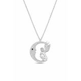 Çekirdek Jewelry 925 Ayar Gümüş Melek Figürlü Ay Kolye – Zirkon Taşlı Rodyum Kaplama Hilal Kadın Kolye