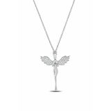 Çekirdek Jewelry 925 Ayar Gümüş Melek Kolye – Zirkon Taşlı Kanatlı Melek Figürlü Kadın Kolye