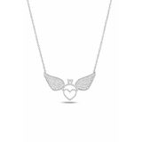 Çekirdek Jewelry 925 Ayar Gümüş Rodyum Kaplama Melek Kanatlı Kalp Kolye Taşlı Zarif Tasarım