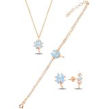 Çekirdek Jewelry 925 Ayar Gümüş Rose Açık Mavi Taşlı Yonca Takı Seti