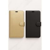 Cekuonline General Mobile Gm 22 Plus Ile Uyumlu Kılıf Suni Deri Cüzdanlı Kartlıklı Standlı Siyah/Gold 2 Adet