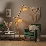 Celestia Home Eskitme Doğal Ahşap Lambader - 2 Başlıklı Hasır Abajur, Vintage Görünümlü Halatlı Rustik Köşe Lambası - Sehpalı ve Raflı Vintage Tasarım, Bohem & İskandinav Tarzı Dekoratif Aydınlatma