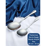 Çelik 25 Cm- 21 cm 2 Adet Büyük Küçük Boy Servis Kaşığı / Sunum Kaşığı - Gümüş