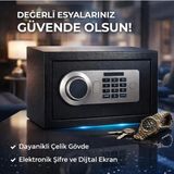 Çelik Kasa Şifreli, Parmak Izli ve Anahtarlı Kullanımı Kolay Uzun Ömürlü / 25 x 35 x 25 cm - Siyah