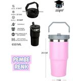 Çelik Termos 650 ml Pipetli ve Tutmalı Geniş Üst Kısmı Pembe Renk Dayanıklı Yapı