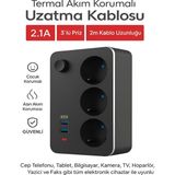 ÇELİKWORK Elektrik Sigortalı Termal Akım Korumalı Priz 2 Metre Kablo Anahtarlı 1xPD TYPE-C 2xUSB Çoklu - Siyah