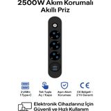 ÇELİKWORK FTR 2500W Termal Akım Korumalı 3’lü Priz – 2 USB, 1 Type-C, Sigortalı Çoklayıcı, 2 m Kablo - Siyah