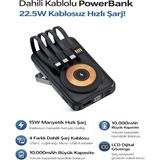 Çelikwork PW-122 10000 mAh 15W Kablosuz Kablolu LCD 22.5W Mikro Lightning Type-C Kablolu Siyah Powerbank