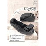 Celiora Katlanabilir Esnek Yumuşak Kaymaz Taban Siyah Cİlt Köşe Fiyonk Detaylı Köşe Burun Kadın Babet Ayakkabı