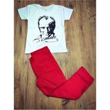 Çello Mello Atatürk Temalı Erkek Çocuk Kombin - Kırmızı Pantolon ve Baskılı T-Shirt ile Rahat Kullanım - Kırmızı - Beyaz