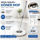 Çemi 360° Metal Başlıklı Döner Mop Sapı + Beyaz Mikrofiber Bez (Kova Dahil Değildir - Yenileme Seti) - Gri
