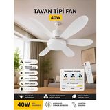 Çemi 40W 3 Renkli Kristal LED Lambalı Tavan Vantilatörü 6 Kanatlı Uzaktan Kumandalı Avize E27 Duylu Vantilatörlü Lamba - Beyaz - Beyaz