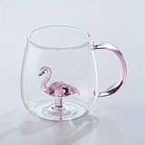 Çemi Flamingo Figürlü Isıya Dayanıklı Borosilikat Cam Bardak - Estetik Kahve ve Bitki Çayı Kupası-Dekoratif Şık Hediye - Pembe - Şeffaf