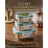 Çemi Hava Geçirmez Kilitli Cam Saklama Kabı Seti 3'lü (390 ml + 520 ml + 800 Ml) - Sızdırmaz Yeşil Kapaklı - Şeffaf