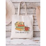 Cemira Cats, Books And Tea Tasarım Ham Bez Tote Bag Çanta Pamuk Malzemeden Üretilmiş Kadınlar İçin - 10D-Krem