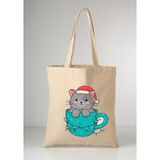 Cemira Cup Cat Kedi Tote Bez Çanta Hızlı Kuruyan Tekstil Malzeme Bohem Tarz 35x40 cm - 10D-Krem